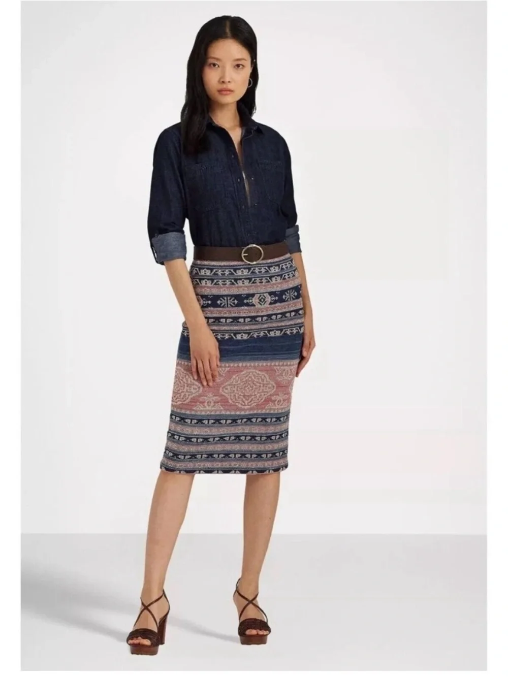 Ralph Lauren Geo-Motif Linen-Cotton Pencil Skirt | XL